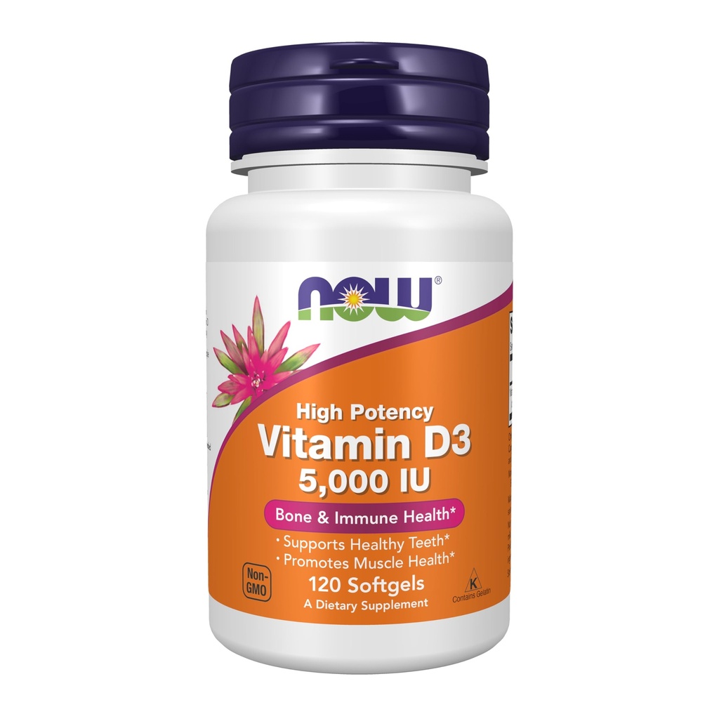 NOW Foods Supplements, Vitamin D-3 5000 IU, Visoka moč, Strukturna podpora*, 120 Softgels