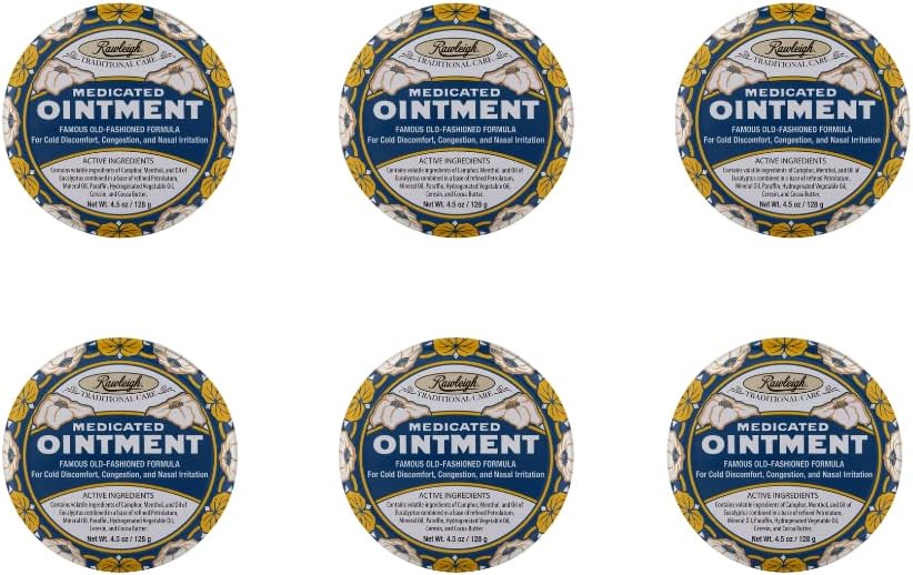 Rawleigh Medicated Mazilo: 4.5 oz Blue Tin, Topical Chest Rub for Cold, Nasal Congestion, Manjše bolečine in bolečine, s Camphor, Menthol & Eucalyptus, Nemastna formula - Pakiranje 6