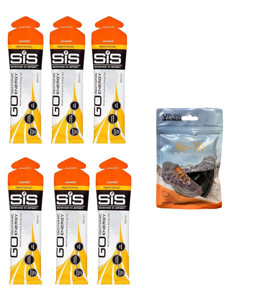 Znanost v športu GO Izotonic Energy Gels - 6 x 60ml Packs Bundle z elastično No-Tie Shoe Laces. Vegan, brez laktoze, brez glutena, brez pšenice, brez oreščkov, brez soje (oranžna)