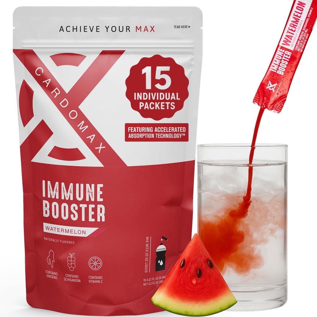 CardoMax Immunity Booster Liquid Drink Mešanica z ginsengom in vitaminom C za otroke in odrasle, Imunska podpora dodatek za energijo in wellness, lubenica arome, 15 enosrebrovih tekočih pack