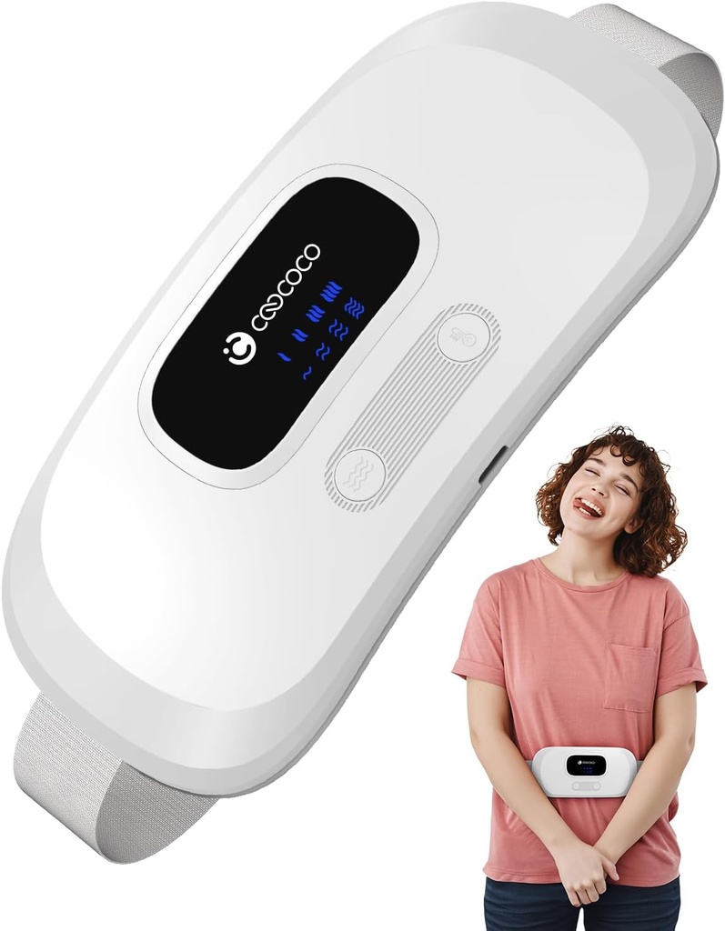 CooCoCo Prenosni ogrevalni pad za periodne krate, Akumulatorski pas za menstrualne cremp Relief, Fast Heat Pad s 4 ravni toplote in 4 Vibration modes, Darila za ženske dekle, bela