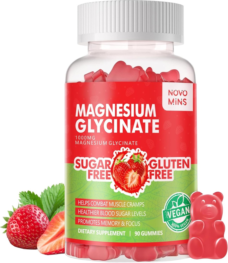 90 CT Magnezij Glycinate Gumies - Sugar Free Magnezij Kalij dodatek z vitaminom D, B6, CoQ10 za mirno Mood in podporo za spanje - 90 Jagodne Gumies