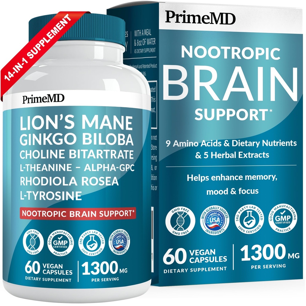 14- v-1 Lions Mane dopolnilne kapsule - Nootropic Brain Supplement z Ginkgo Biloba za podporo možganov, spomin in fokus - Alpha GPC, L Theanine & Choline dopolnila s 1300mg na postrežbo (60 ct)