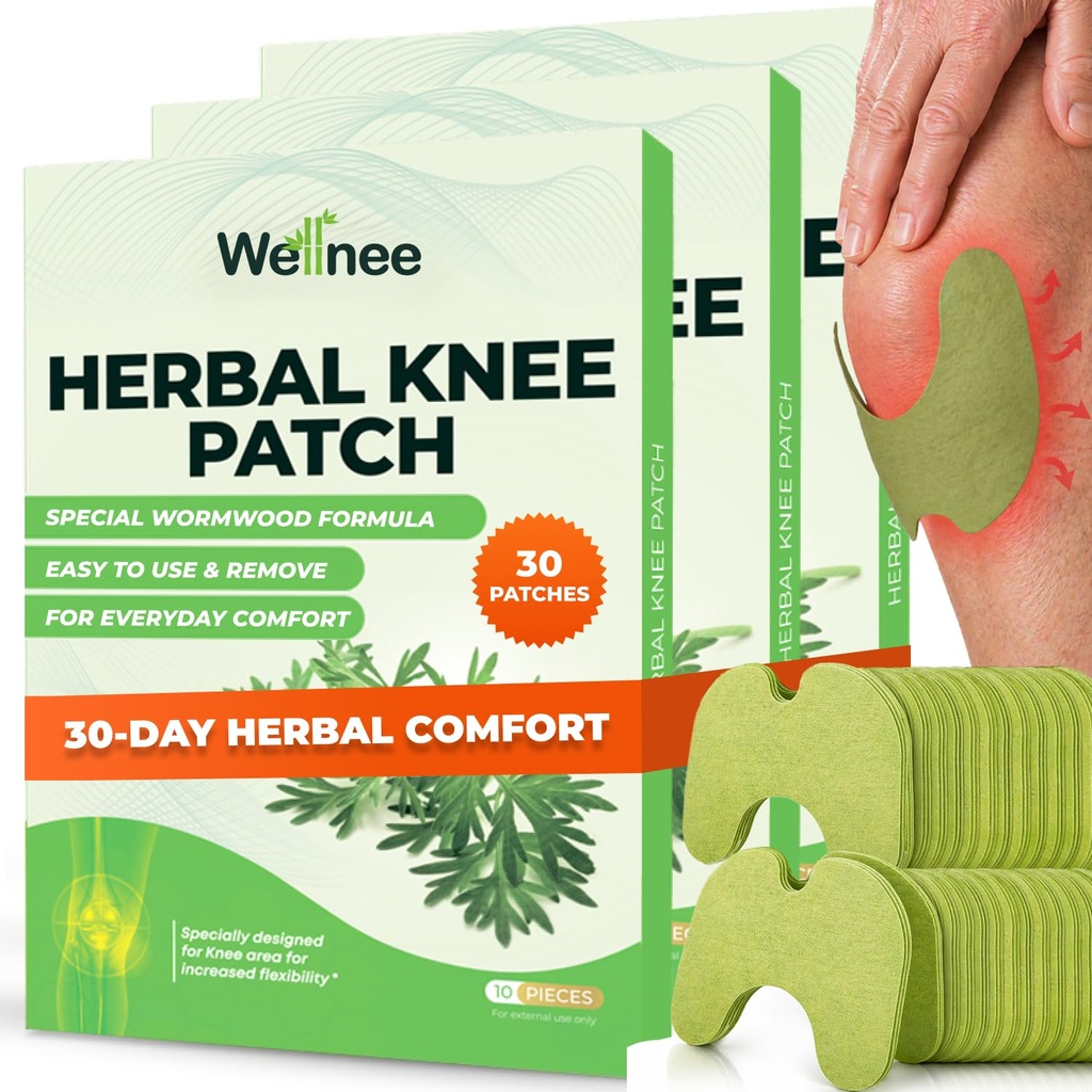 Wellnee Original Zeliščno koleno obliž - Wellknee Plaster za podporo kolenu in bolečine mišic - Največja moč za začasno olajšavo - Lepljiva toplotna obliži izdelani z naravnimi zelišči za dobro počutje (30 Pads)