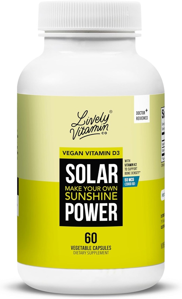 ŽIVI VITAMIN CO. Solar Power Vitamin D3 2000 iu - Patentirani vitamin K - MK7 - Imunsko ravnovesje - Možganska funkcija - Mood - Srce - Stres - 60 Count