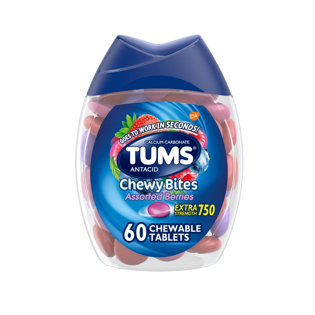 TUMS Žvečilni ugrizi Antacid tablete za žvečljivo zgago Relief in kisle prebavne motnje, Razvrščene jagode - 60 Število