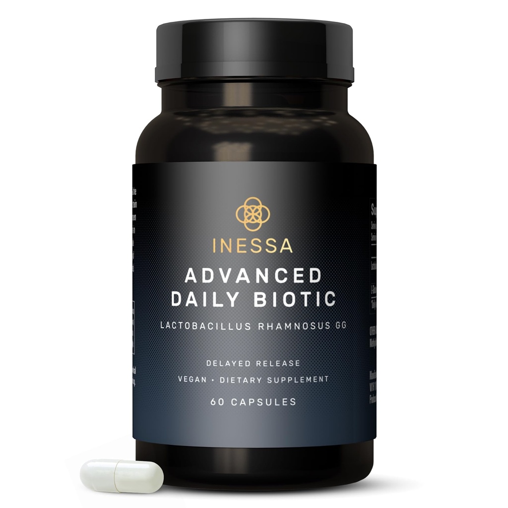 Inessa Daily Biotic - Probiotiki za ženske Prebavno zdravje z zapoznelo sprostitev tehnologije - Napredni probiotik z 10 milijard CFU - Lactobacillus Rhamnosus sev 60 Veganske kapsule za moške in ženske