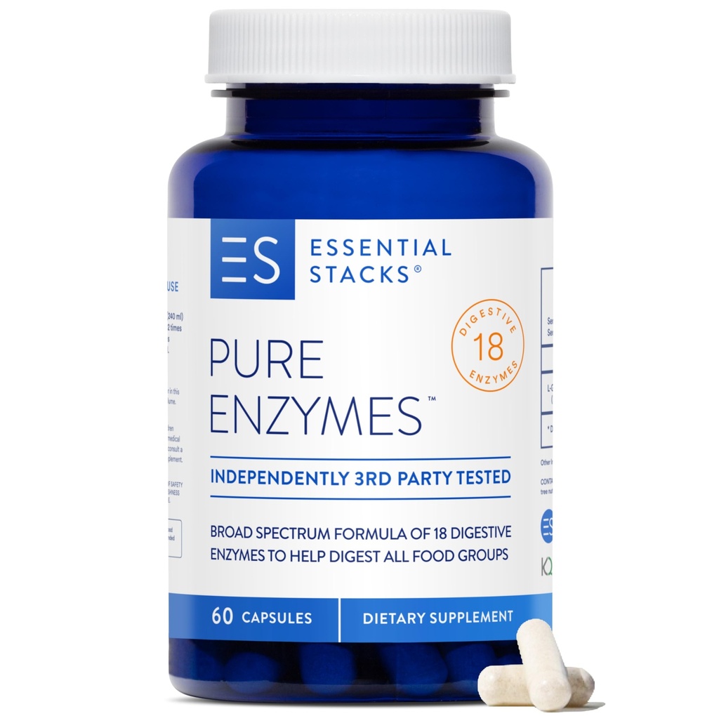 Essential Stacks Pure Digestive Enzymes (Gluten, Dairy & Soy Free) - 18 Enzymes for Digestion vključno z Amylase, Lipaza & Lactase - Vegetarian & Non-GMO (60 kapsul)