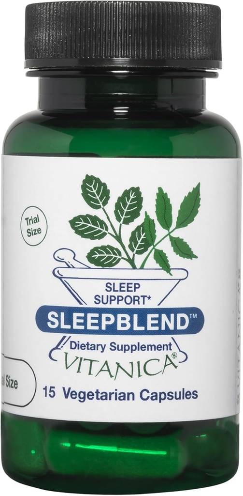 Vitanica SleepBlend - Podpora za spanje in sprostitev za ženske - Zeliščni dodatki z melatoninom, Valerian Root, Vitamin B2 & B12 & Magnezij - Pro Logo - 15 Veganske kapice