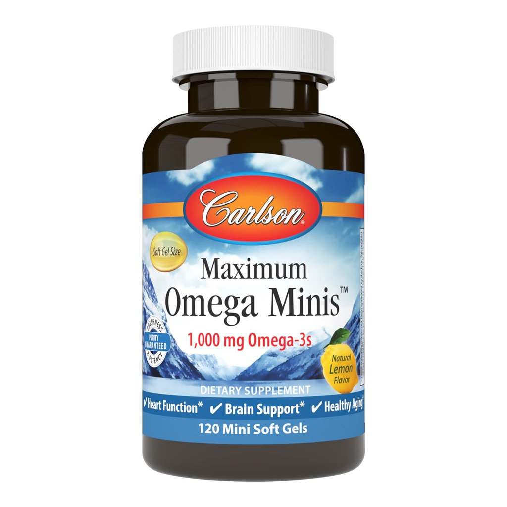 Carlson - Maksimalni omega minimumi, 1000 mg Omega-3, delovanje srca, podpora možgani in zdravo staranje, Lemon, 120 Mini softgels