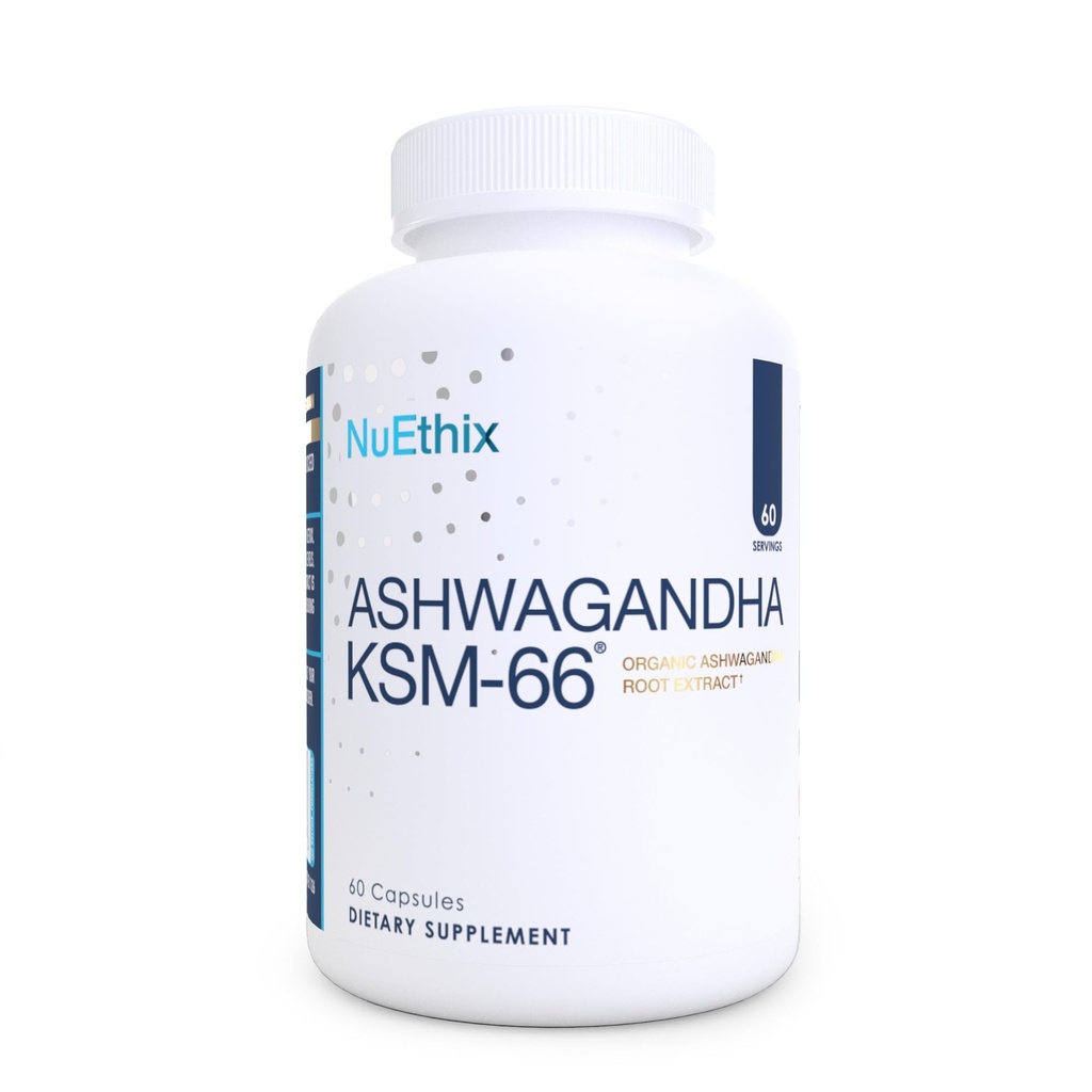 NuEthix Formulations Ashwagandha KSM 66, 500mg korenskega ekstrakta KSM-66, Mood, Stres, & Kognitivna podpora, BioPerine črni poper ekstrakt, Gluten Free, Vegetarian, Non-GMO, & Dairy Free, 60 Servings