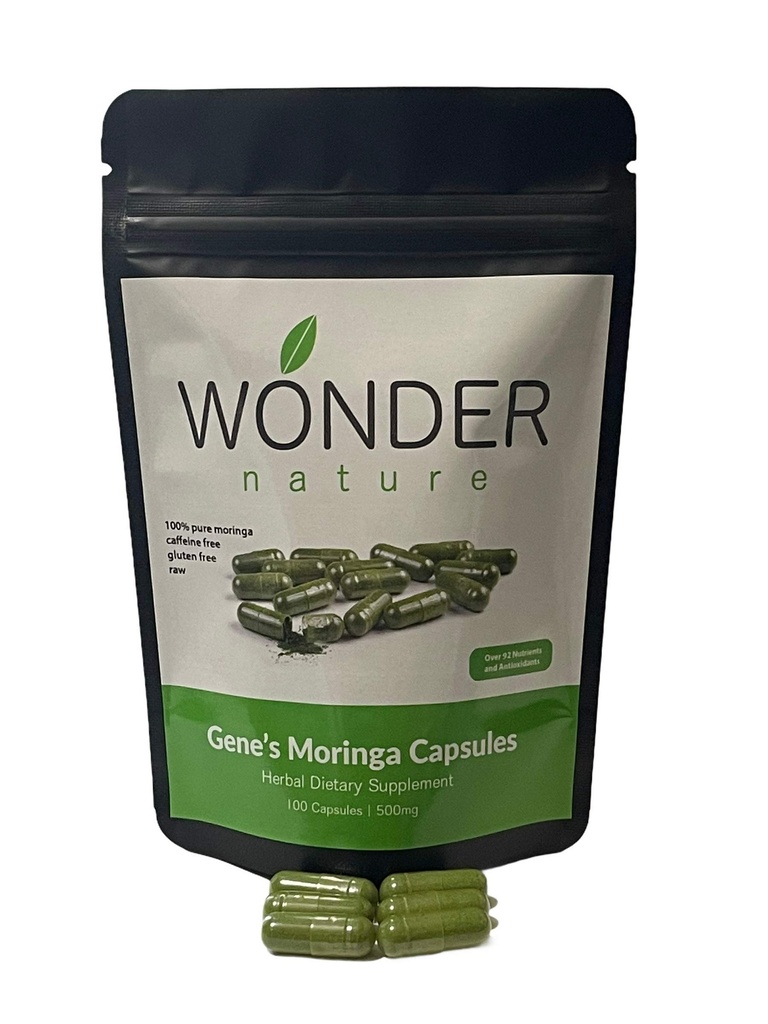 Gene's Moringa Fine Green Powder 100 Veg. Kapsule, visoka jakost, energijska osredotočenost in opozorilo, povečanje imunskega sistima