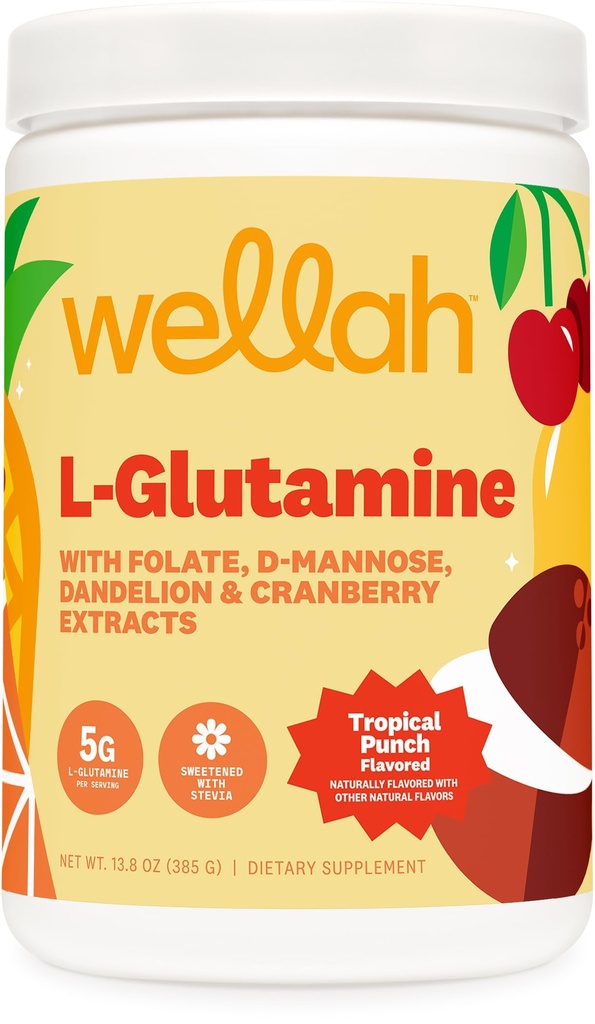 Wellah L-glutamin v prahu Tropical Punch (50 serviranja) - 5g L-glutamin na obrok, sladkan s Stevio