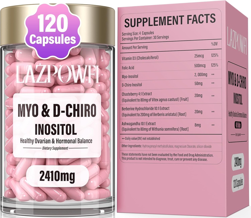 Inozitol dodatek – Myo-Inositol & D-Chiro Inositol s Chasteberry, Berberine & Ashwagandha – Ideal 40:1 Mešanica z Folate & Vitamin D – Veganska ženska Wellness Formula – 120 kapsul