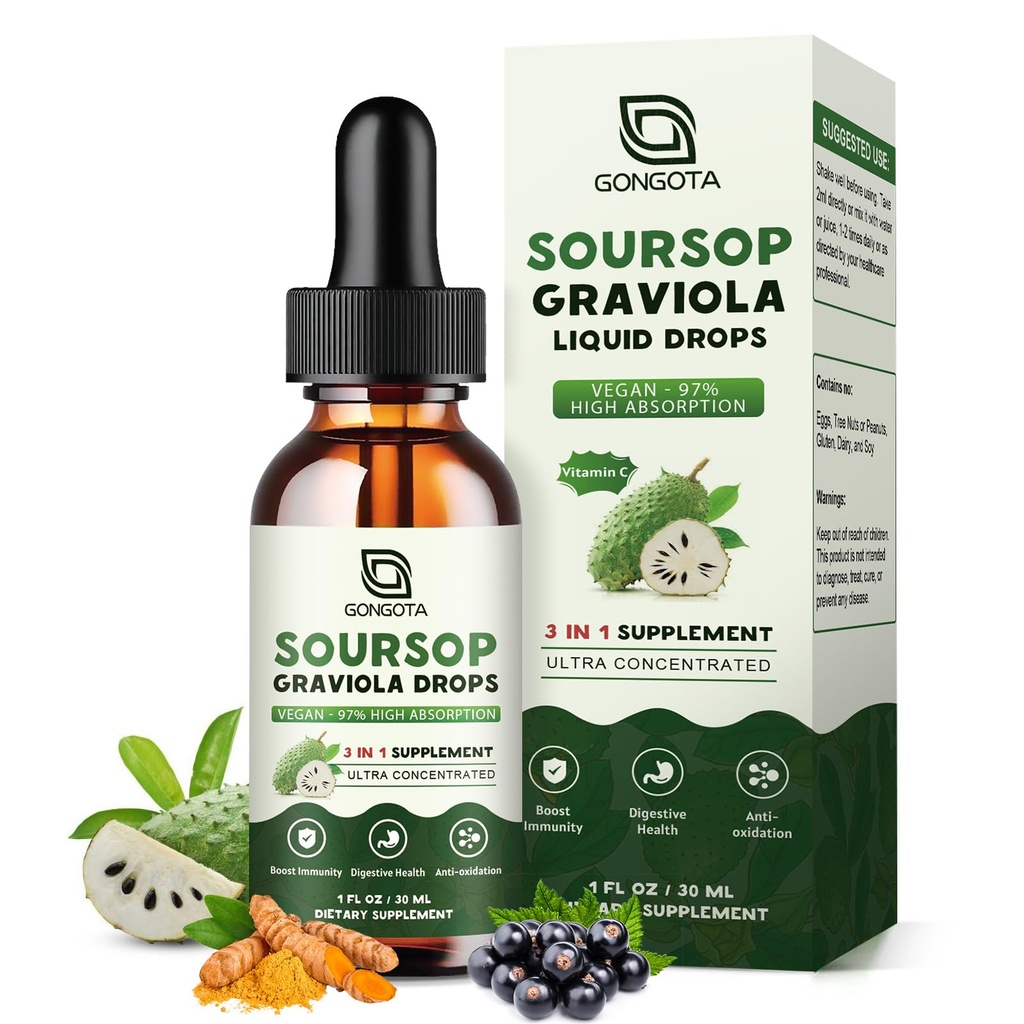 Soursop Graviola tekoče kapljice, Organic Soursop Bitters z bederberry & Kurkuma za celično, Imune, Prebavna podpora, Zeliščni izvlečki, Sladkor brez sladkorja/Glutena - 1 fl oz