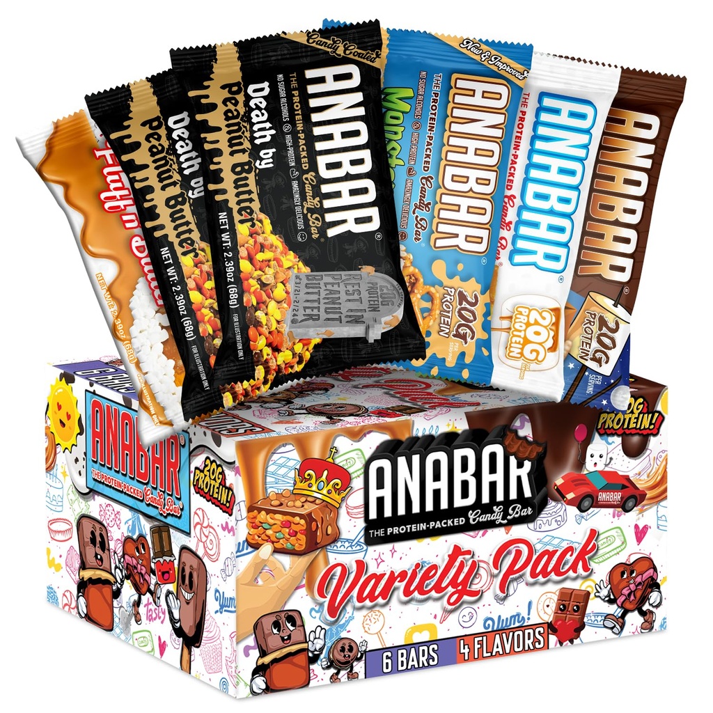 Anabar Beljakovinska ploščica, komplet za vzorce, Candy Bar, najboljši okus na svetu, brez sladkornih alkoholov, visokih beljakovin, neverjetno okusno, 20 Gram beljakovin (6 barov, Original Variety)