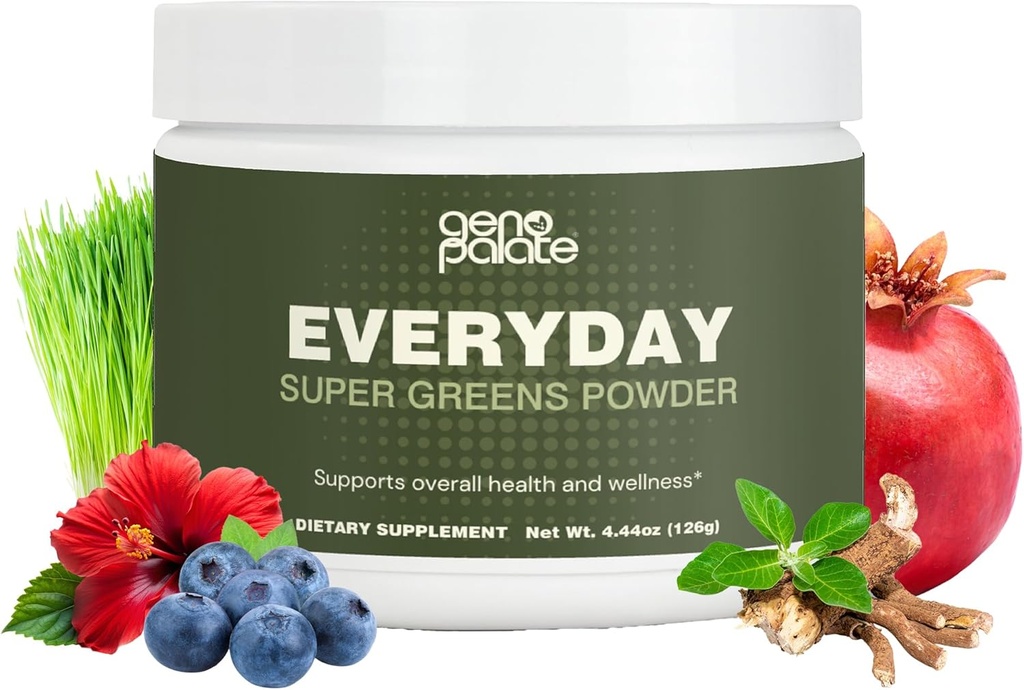 GenoPalate vsak dan Super Zeleni, Rastlinsko-bazni hranila z Ječmen trava, Spirulina, Kurkumi in probiotiki, Podpira energijo, Prebava, Antioksidanti & Stres, Vegan, Gluten-free, Non-GMO, 30 Strežaji
