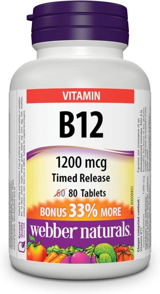 Webber Naturals Vitamin B12 Časovno sprostitev 1200mg 80 Tablete