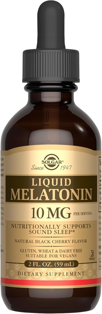 SOLGAR Tekoči melatonin 10 mg, naravna črna češnjeva aroma - 2 fl oz - super za Jet Lag - Vegan, Gluten & Dairy Free, Kosher - 59 Servings