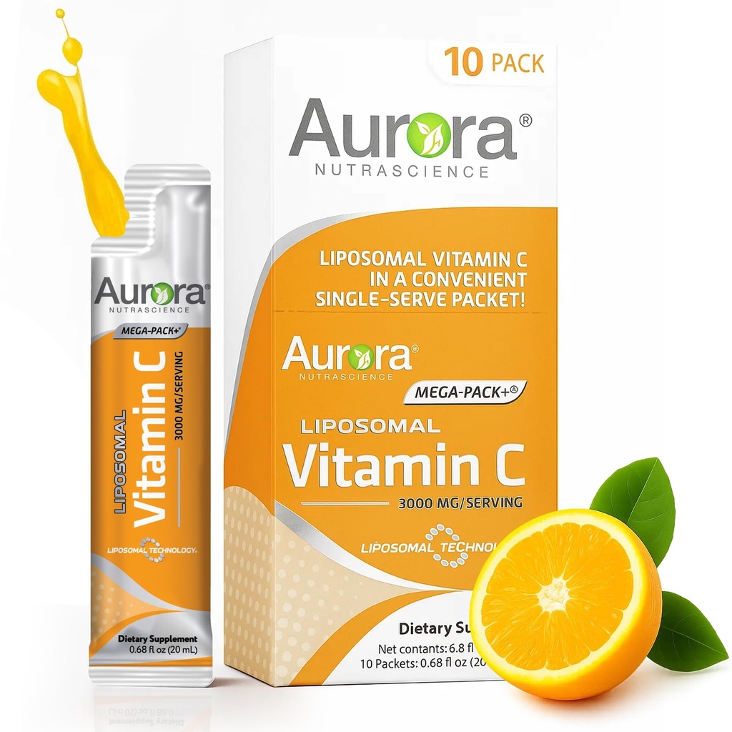 Aurora Nutrascience Mega-Pack liposomski vitamin C, Imunska podpora, 3.000 mg na strežbo, Vegan, Gluten Free, Non-GMO, 10 Enodelni servo paketi, Orange