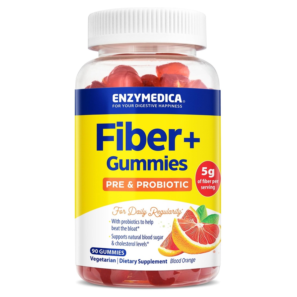 Enzymedica Fiber+ Gumiji s prebiotiki in probiotiki za vsakodnevno regularnost, vegetarijanci, 5g vlaknin, naravne vlaknine dodatek, za moške in ženske, kri oranžna aroma, 90 ct