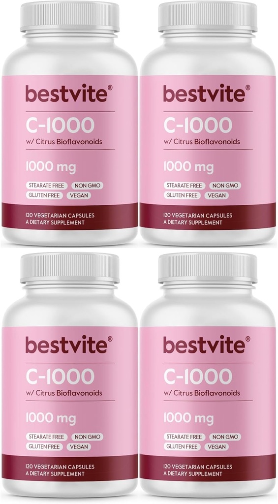 BESTVITE Vitamin C 1000mg (480 vegetarijanskih kapsul) (120 x 4) z bioflavinoidi Citrus - brez stearat - veganski - brez GSO - brez glutena