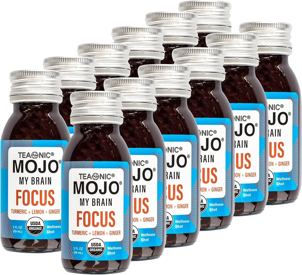 TEAONSKA Moj možgani Mojo: Fokus Wellness Shots - USDA-Certified Vegan Formula z Ginkgo Biloba, Ginger, Kurzor - 12 steklenic x 2 Fl Oz vsak - Gluten-free, Non-GMO