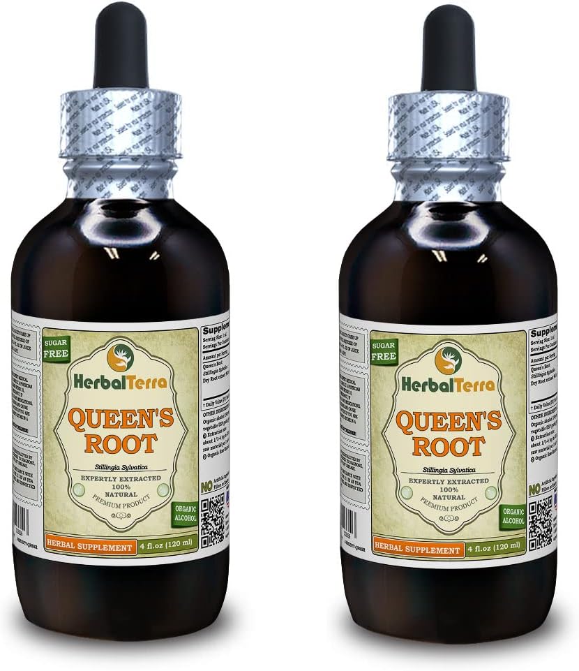 Queen's Root (Stillingia Sylvatica) Tinktura, posušene korenine tekoči ekstrakt (Brand Name: HerbalTerra, Proudly Made in USA) 2x4 fl.oz (2x120 ml)