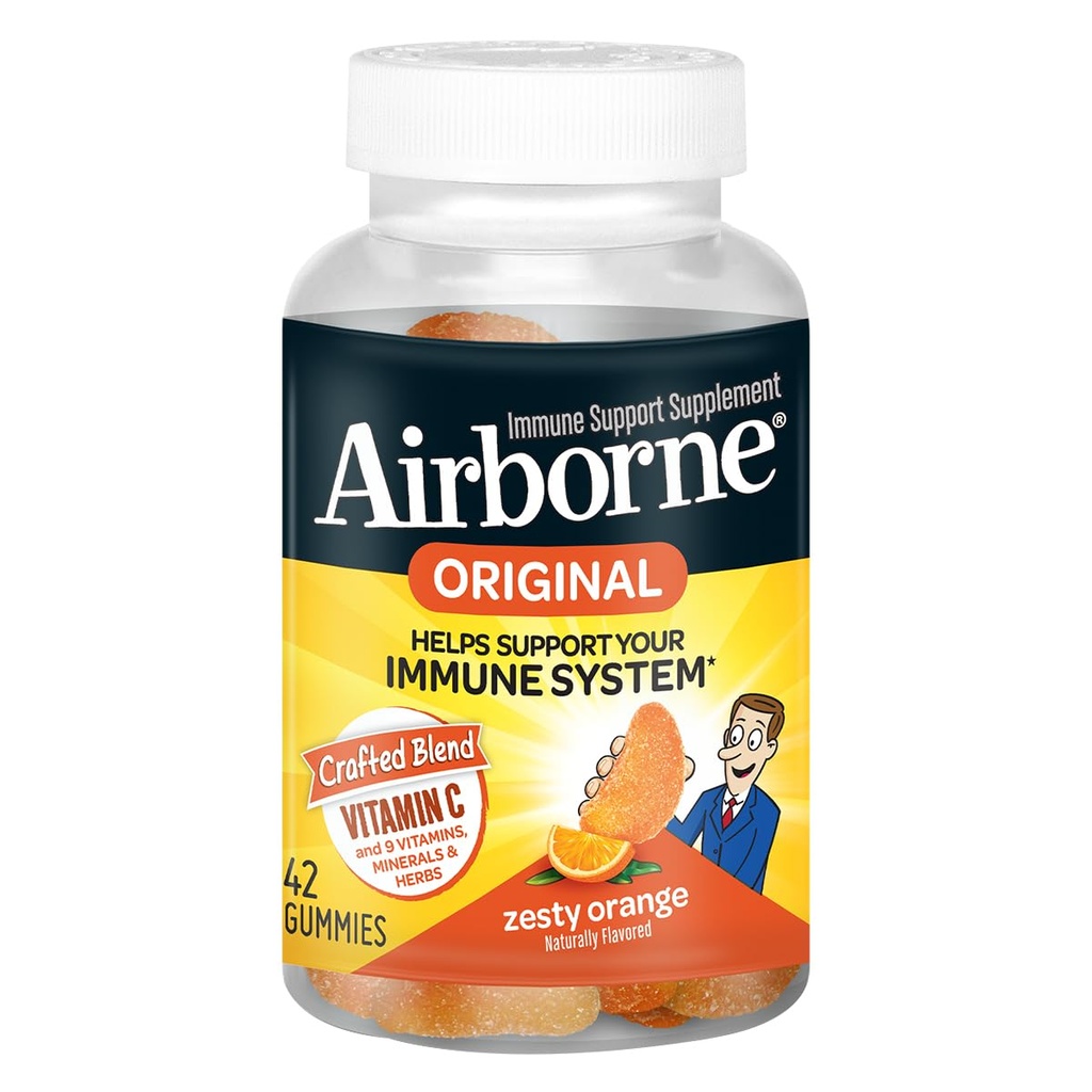Zračni vitamin C 750mg (na postrežbo) Zesty Orange Flamored Gummies (42 Število v steklenici), Gluten-free Imune Support z vitamini A C E, Selenium, Echinacea, Ginger, Antioksidant