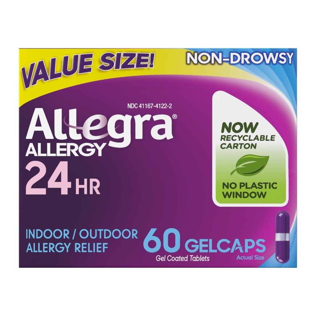 Allegra Adult 24-Hour Alergy Relief Gelcaps, Non-Drowsy Notranja in zunanja Alergija Medicine, 180 mg Fexofenadin HCI Antihistaminik tablete, 60-Count