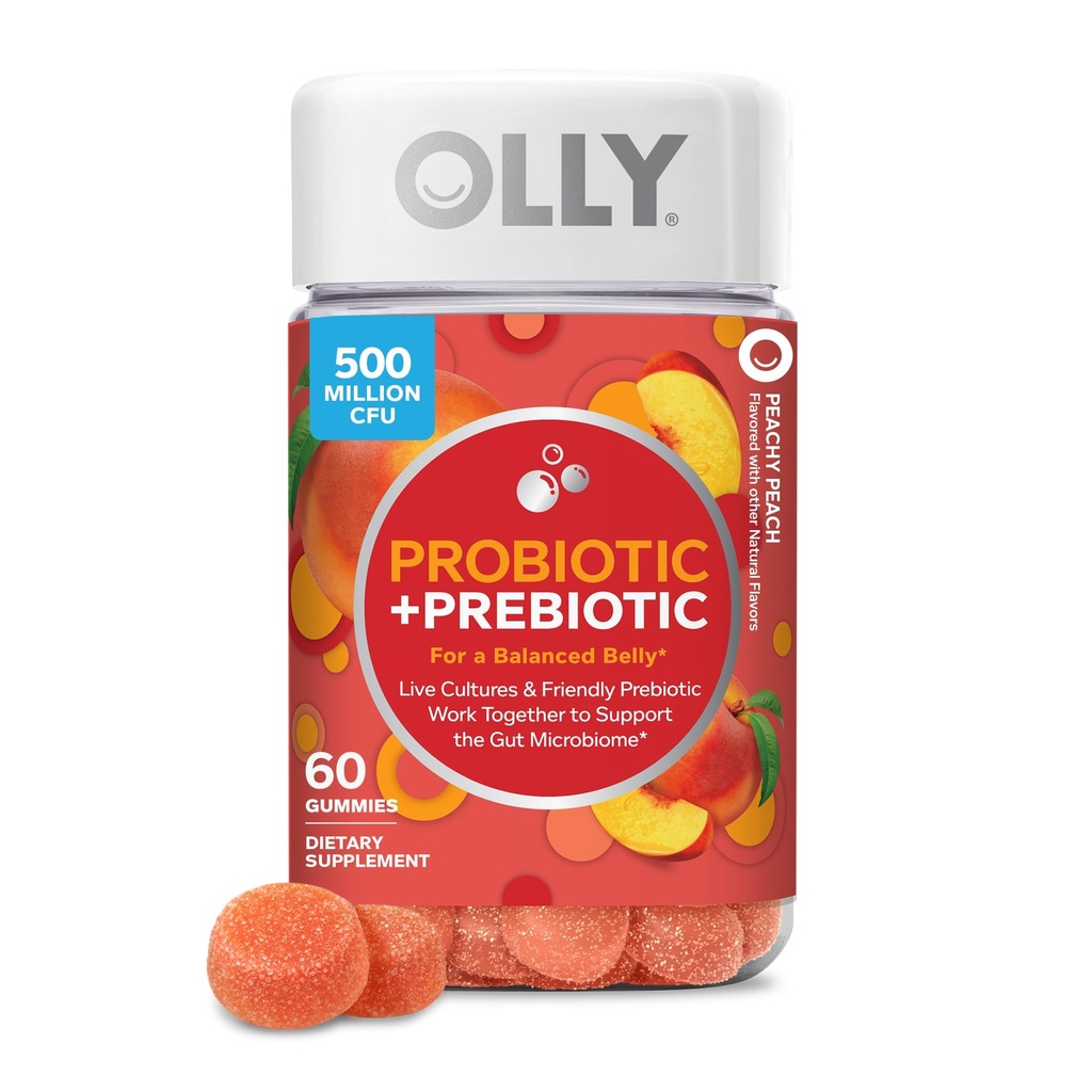 OLLY probiotik + prebiotični Gummy, Prebavna podpora in Gut Health, 500 milijonov CFU, Fiber, odraslih žvečljivi dodatek za moške in ženske, Breskev, 60 dan dobave - 60 Število