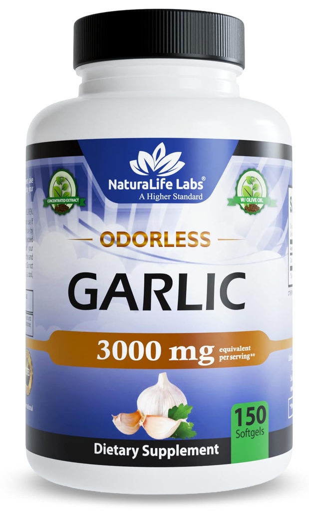 NaturaLife Labs Odorless Česen – 3.000 mg ekvivalent na Serving – 150 Softgels – Zgoščen česen izvleček z ekološko ekstra deviško oljčno olje – ne-GMO, Gluten-free