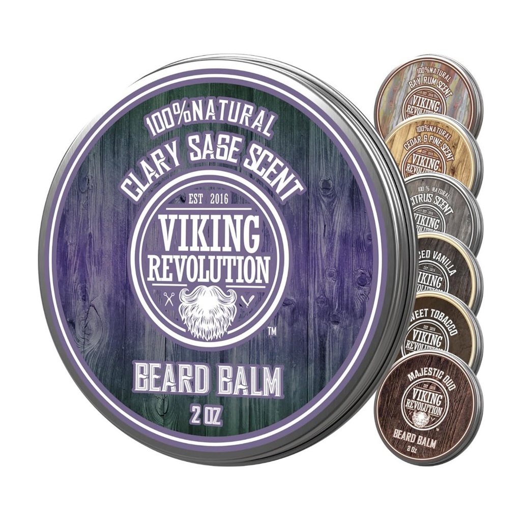 Viking Revolution Clary Sage Beard Balm - Bradato maslo z arganovim oljem, Beard Softener za moške z Jojoba olje - Brada Moisturizer za moške z Beeswax - Brada Vosek za moške (2oz, 1 Pack)