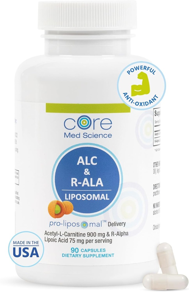 Core Med Science Lipoal ALC & R-ALA dopolnilne kapsule - Acetil-L-karnitin (900mg) & R-Alpha lipoična kislina (75mg) - spodbuja energijo in fokus - podpira miselno funkcijo in spomin kognicijo (90 števk)