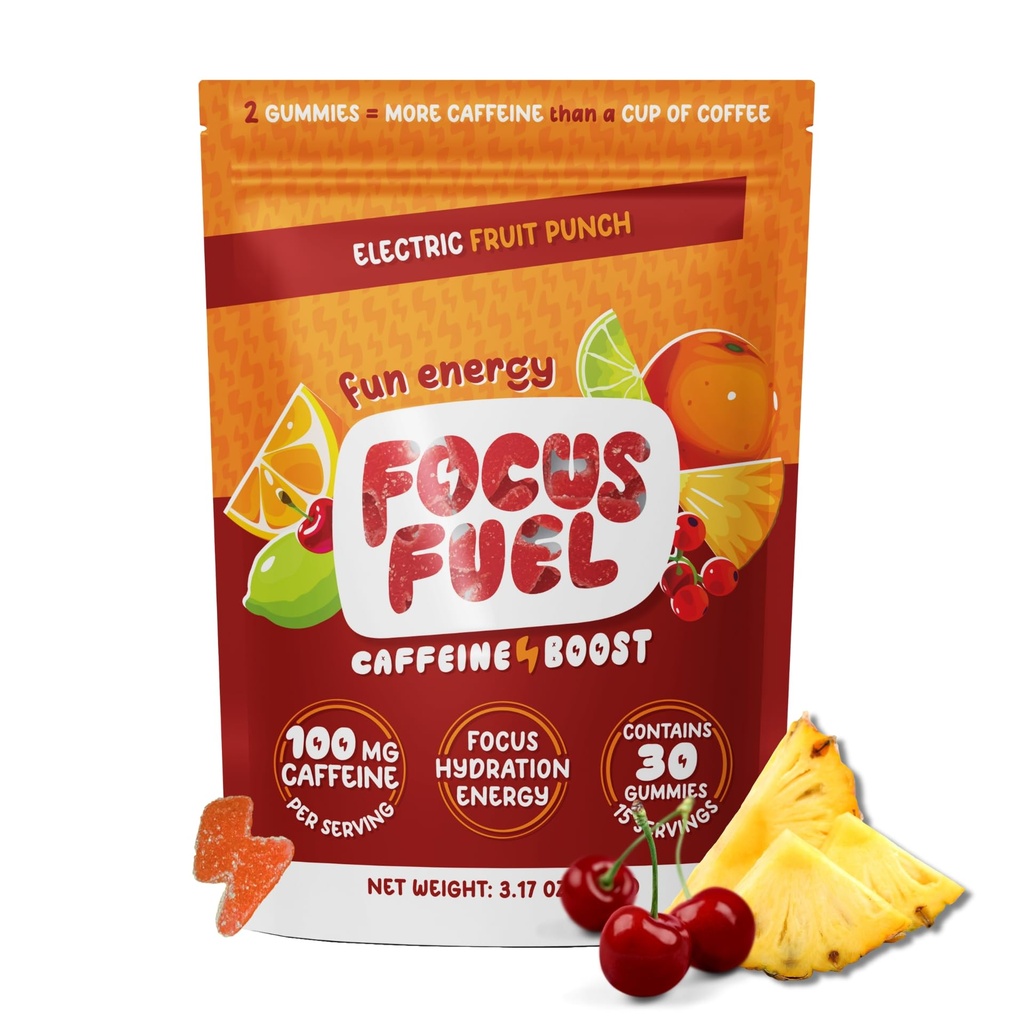 FocusFuel Energy Chews – Fruit Punch Flavor (15 Servings) – 100mg Kofein + L-Theanine + B12, Magnezij – Boost Focus & Energy – Brez Crash ali Jitters