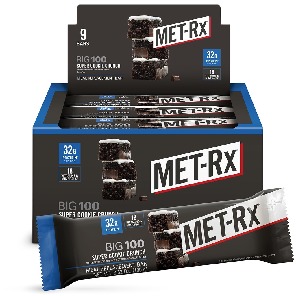 MET-Rx Big 100 Protein Bar, Nadomestna ploščica za obroke, 32G proteini, Super piškoti Crunch, 9 Barov (Pack of 1)