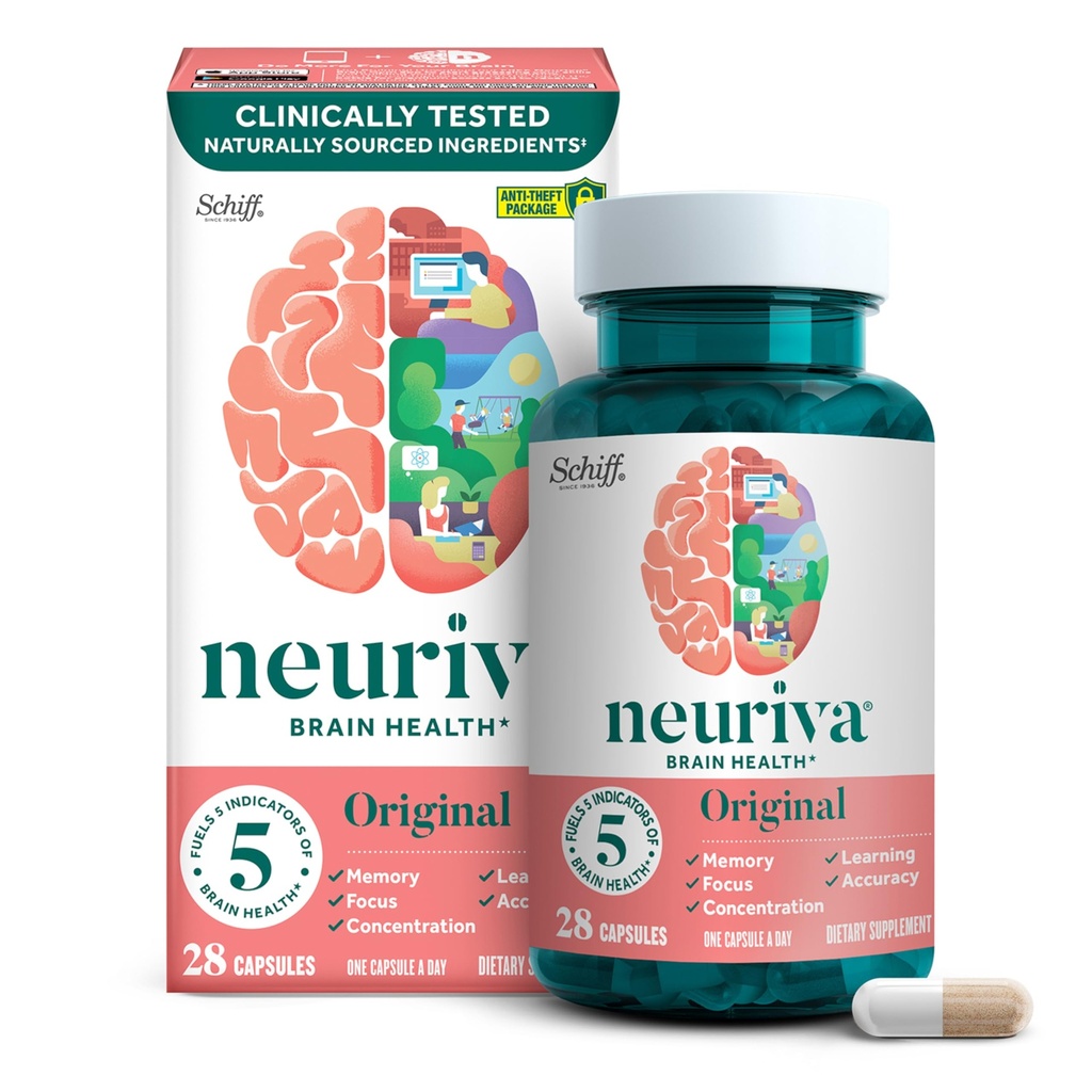 NEURIVA Original Brez kofeina Klinično testirani nootropični možganski dodatek za spomin, Fokus & koncentracija, NeuroFactor & Fosfatidilserin, 28ct kapsule
