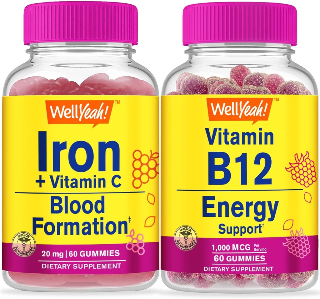 NoYeahe Iron+Vitamin C + vitamin B12 1000mcg, Gummies Bundle - odlično degustacijo, vitaminski dodatek, Gluten brezplačno, GSO brezplačno, žvečljivi gumi
