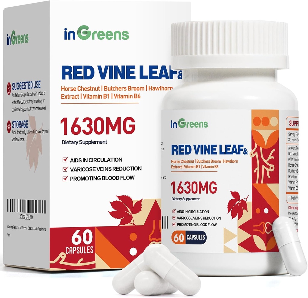 Izvleček listov rdeče trte 1630mg s konjskim kostanjem, Mesarjevo brozgo, hawthorn dodatek za krčne žile, nogo, kroženje, srce, kožo, podporo za zdravje srca, izdelano v ZDA, 60 kapsul