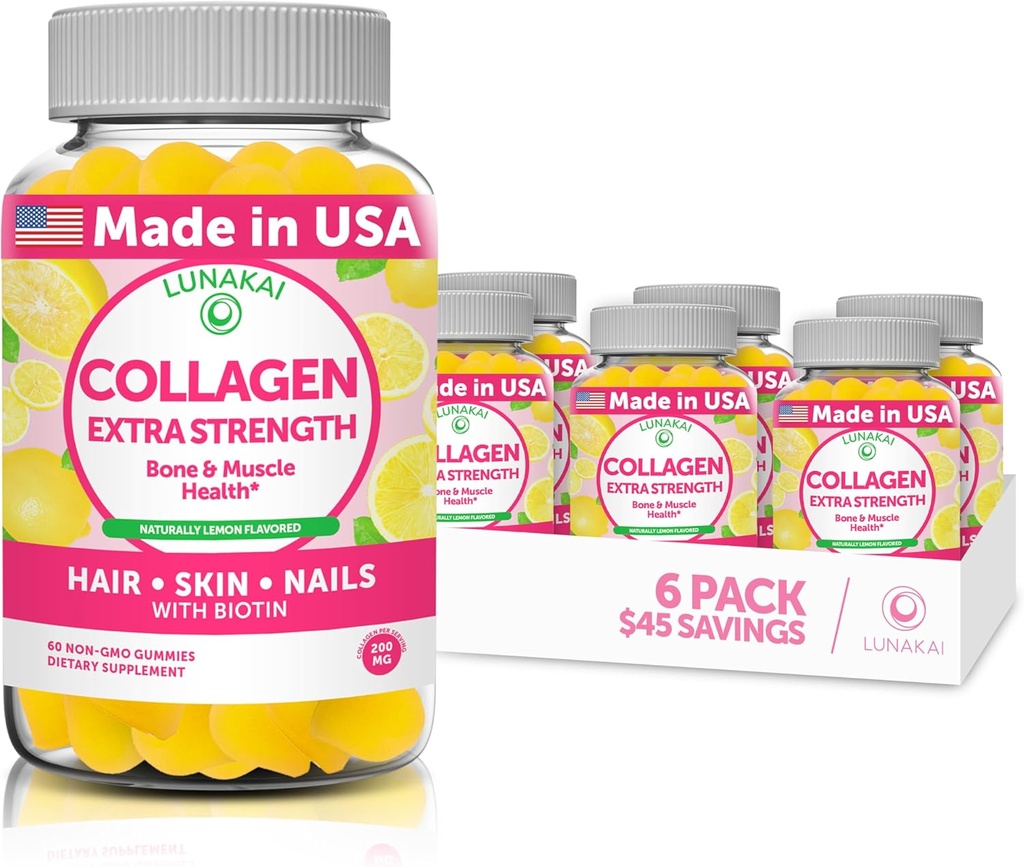 Lunakai Collagen Gumies - najbolj okusna Lastniška Formula - 200mg Hidralizirani Colagen Gumies za ženske in moške z biotin, cink, vitamin C in E - Ne-GMO Anti Staranje dodatek za ženske - 6 Pack