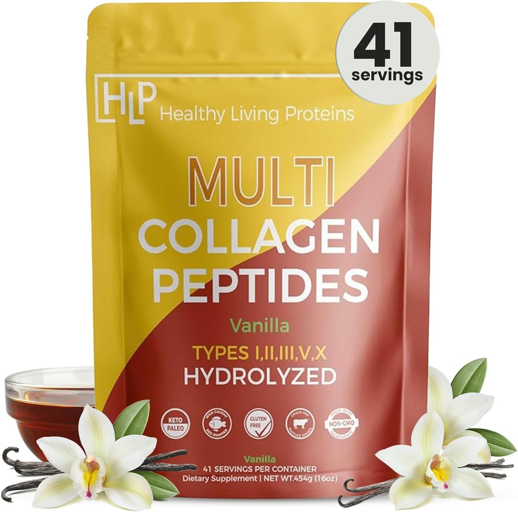 Zdravi živi proteini - hidrolizirani več kolagenski peptidi vrste v prahu I, II, III, V & X - Govedo s hranili trave, divji morski ujet, prosto območje piščanca - Gluten prost (Vanilla, 16 oz)