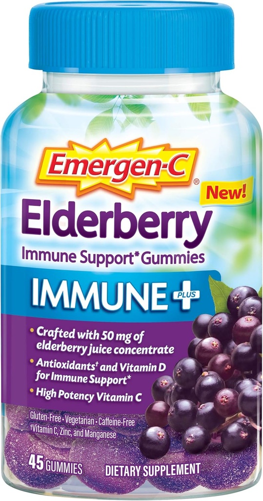Emergen-C Imune+ Elderberry Gummies, 750 mg Vitamin C z vitaminom D, cink in elektroliti, Imunska podpora Prehranska dopolnila, Kofein brezplačno, Gluten brezplačno, Elderberry Flavor - 45 Count