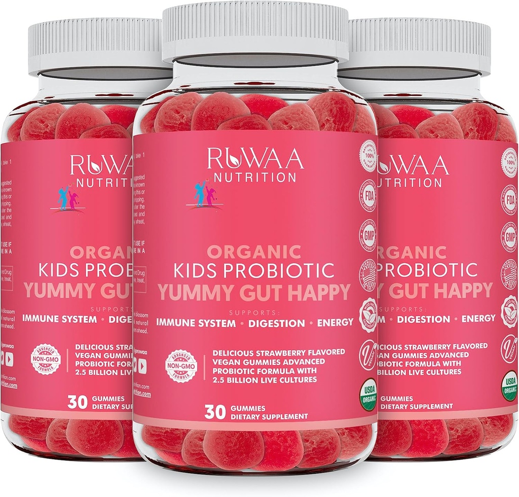 Kid Probiotic Gumies za digestivno zdravje, žvečljivi dnevni probiotik za otroke starosti 4+. Oralna nega, abdominalna nelagodje, Gut Health. Jagodna aroma, USDA Organski, probiotiki za otroke 90ct (3)
