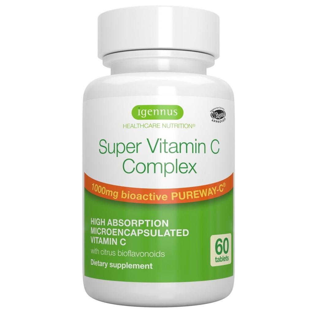 Igennus Visoka absorpcija Super Vitamin C, Čista nalepka Pureway-C 1000mg, Vegan Vitamin C z bioflavonoidi, 60 Servingi, 24-urno delovanje, Imunsko zdravje, energija, srce in možgani