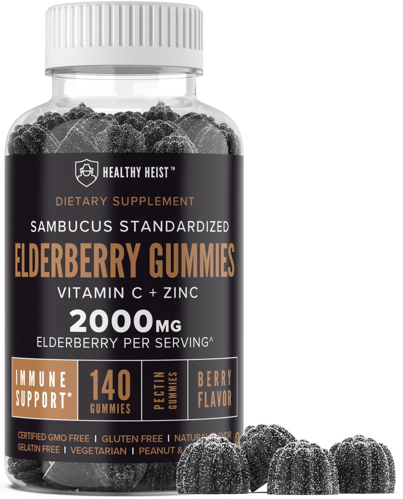 Sambucus Black Elderberry Gummies z cinkom in vitaminom C, 140 Gummies, žvečljiva imunska podpora za odrasle in otroke, ne gensko spremenjeni organizmi, Košir, pektin, vegan, okus po jagodah