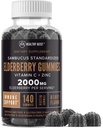 Sambucus Black Elderberry Gummies z cinkom in vitaminom C, 140 Gummies, žvečljiva imunska podpora za odrasle in otroke, ne gensko spremenjeni organizmi, Košir, pektin, vegan, okus po jagodah