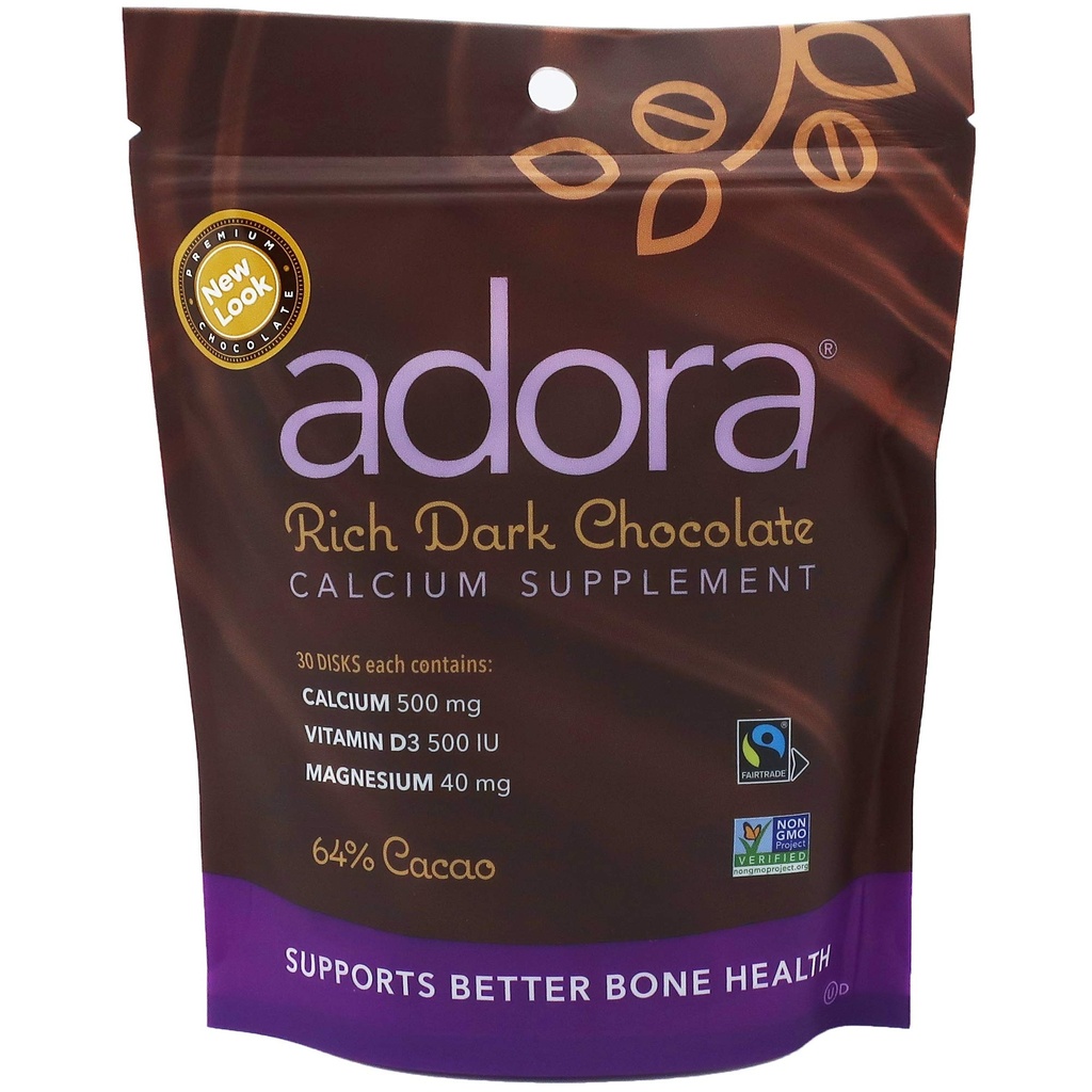 Adora Calcium Supplement, Fairtrade Temna čokolada, enkratno pakiranje - 30 do