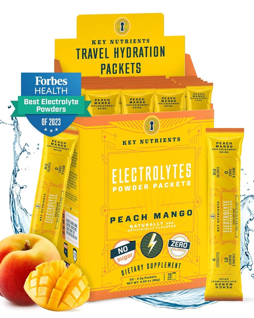 KLJUČNI HRANILCI Elektrolitski paketi v prahu - Tropical Peach Mango 20 Pack Hydration Pack - Travel Hydration Powder - Brez sladkorja, brez kalorij, Gluten Free - Izdelano v ZDA