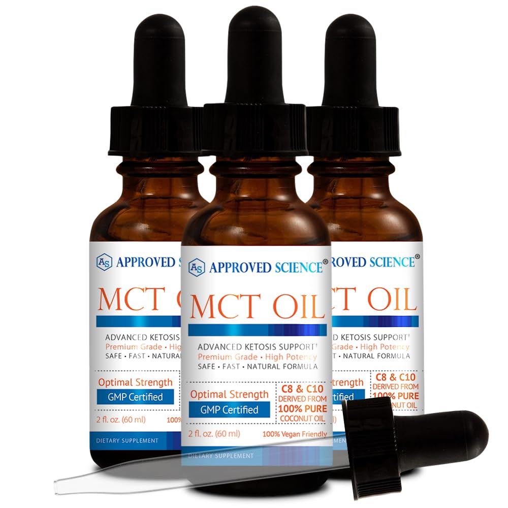 Odobreno Science® MCT Oil - Pure Medium-Chain Triglicerid (MCT) Olje, pridobljeno iz kokosovih orehov s kaprilno kislino (C8) in kaprinsko kislino (C10) - Vegan, 60 ml - pakiranje po 3