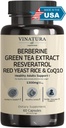 VINATURA Berberine HCL & Ceylon Cimet - rdeči riž & CoQ10 1300mg na postrežbo *ZDA Made & Tested* Zdrave ravni z izvlečekom zelenega čaja, Resveratrol, Magnezij, Glicinat, Kromov pikolinat
